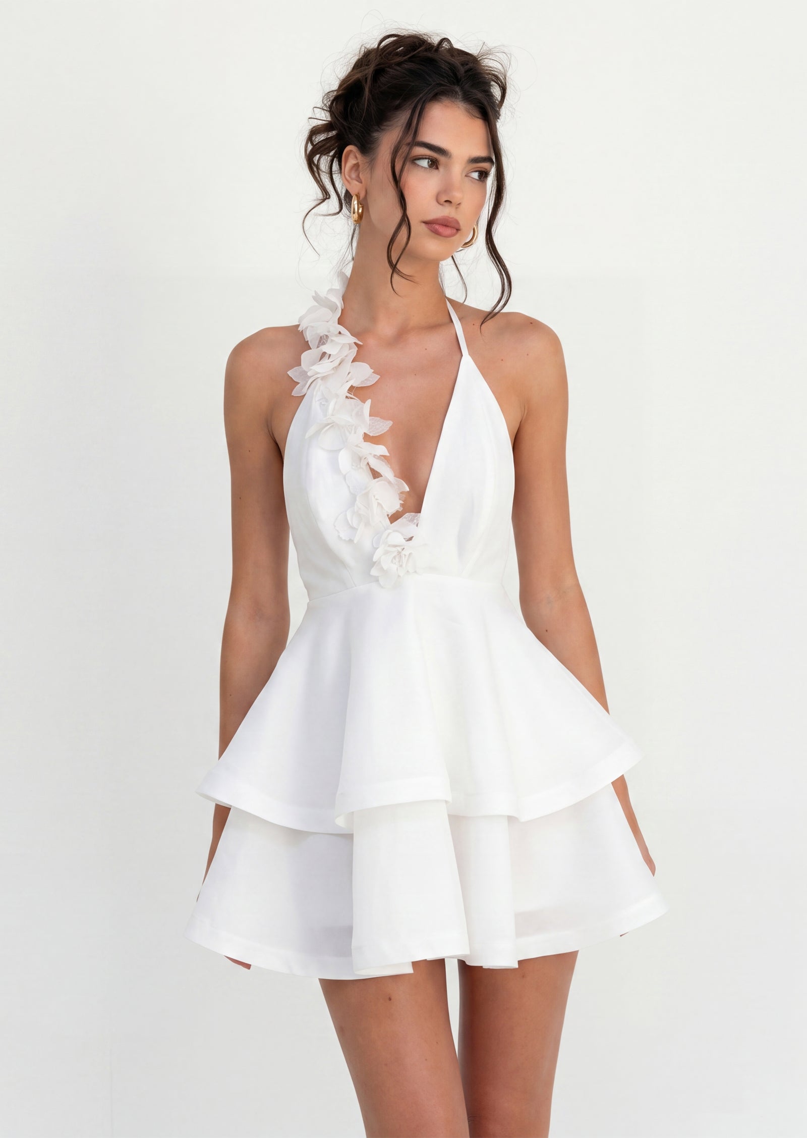 Marcella Halter Ruffled Mini Dress In White
