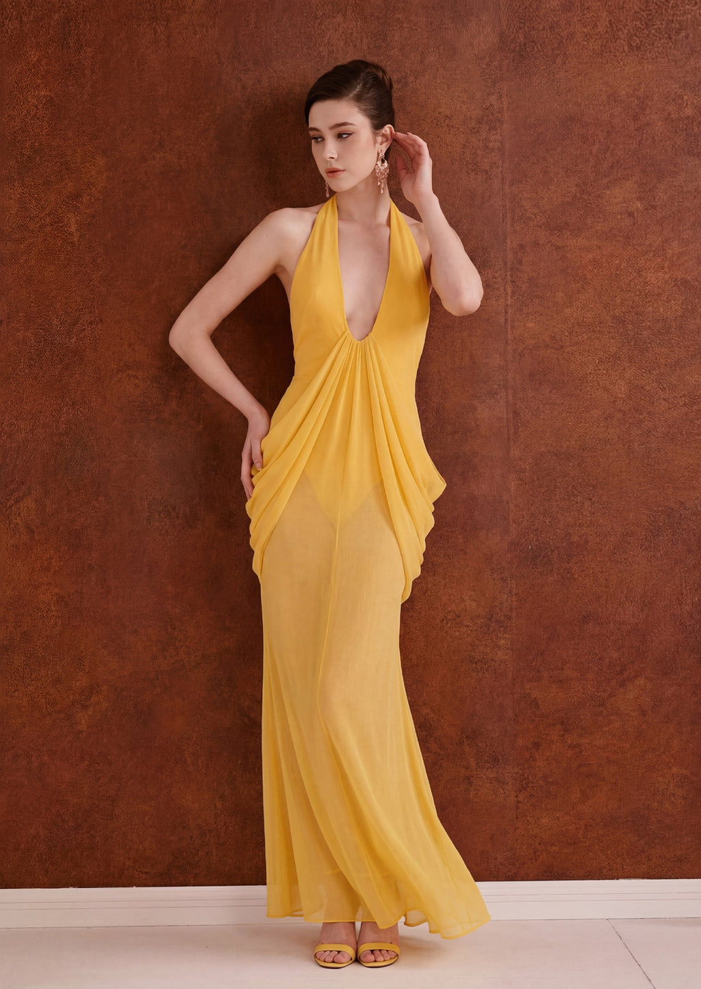 Mattey Sheer Maxi Dress In Yellow