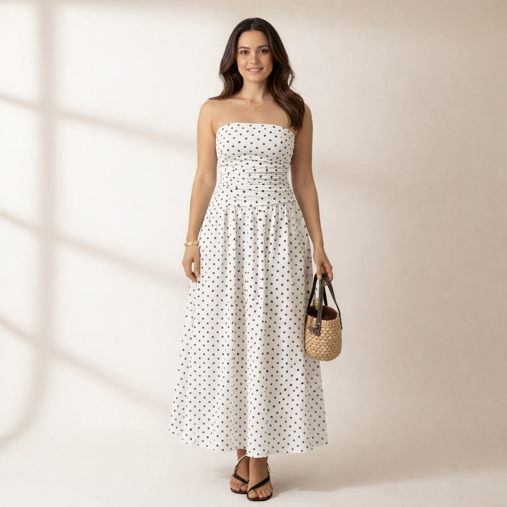 Veloura Strapless polka dot dress