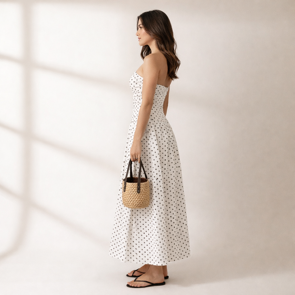 Veloura Strapless polka dot dress