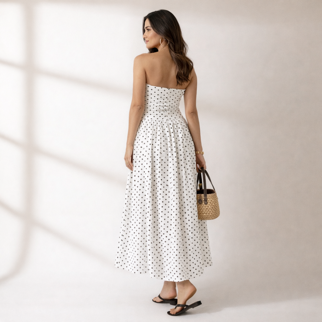 Veloura Strapless polka dot dress