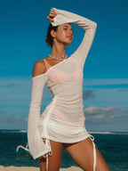 White Ruched One Shoulder Cover-up