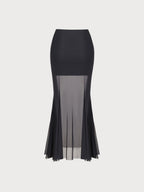 Black Mesh Hip-Wrapped Long Skirt